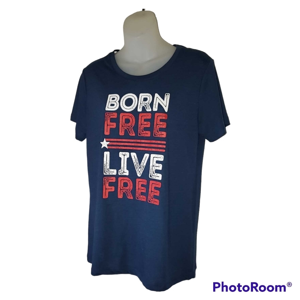 Born Free Live Free Blue TeeShirt With Red & White Letters Womens M